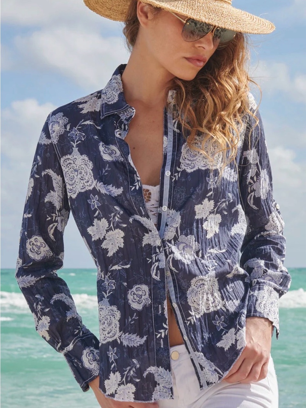 Cino Women's Palma Indigo Navy Floral Button-Down Shirt Sz XS